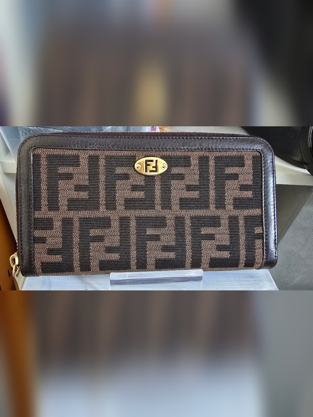 🛑SOLD🛑 Fendi Brown and Dark Brown FF Logo Canvas Pouch Gold Accent ZIP WALLET